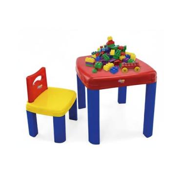 Imagem de Conjunto mesa infantil com cadeira e blocos de montar 26 pçs - SIMOTOY