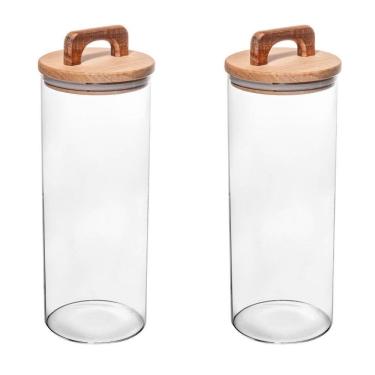 Imagem de Conjunto 02 Potes de Vidro com Tampa Hermética de Acácia 1,7L Wolff