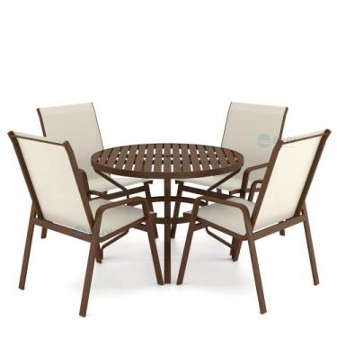 Imagem de Mesa 4 cadeiras Ripado Piscina Alumínio Marrom e Tela Bege - Aluv Móve