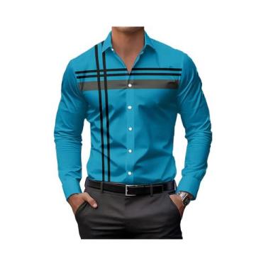 Imagem de Camisa Social Masculina Moderna Listrada Casual De Manga Longa Com Bot