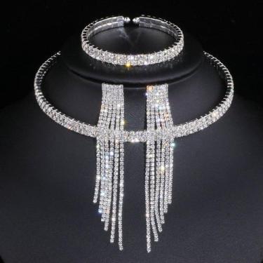 Imagem de Conjunto Colar Brinco e Pulseira Strass Prateado Noiva Festa - VALLEN 