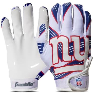 Imagem de Franklin Sports Luvas receptoras de futebol americano da NFL New York Giants – Luvas receptoras para crianças – logotipos da equipe NFL e palma de silicone – Par juvenil P/PP