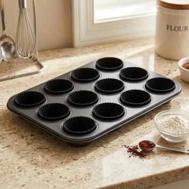 Imagem de Forma Cupcake Antiaderente 12 Forminhas Silicone Kit Assadeira Teflon 