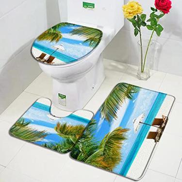 Imagem de Conjuntos de tapetes de banho de praia de folhas de palmeiras oceano mar onda paisagem natureza tapetes de porta de banheiro decoração antiderrapante tapete de capa de vaso sanitário, 1741zy, conjunto de 3 peças, 75x45cm, 29.5x17.7in