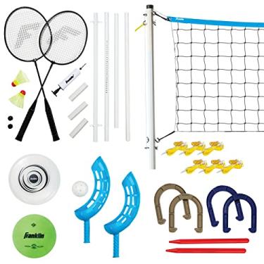 Imagem de Franklin Sports Conjunto combo de jogos de quintal - rede de vôlei/badminton, conjunto de badminton para 2 jogadores, vôlei, conjunto de ferraduras, disco voador, flip toss