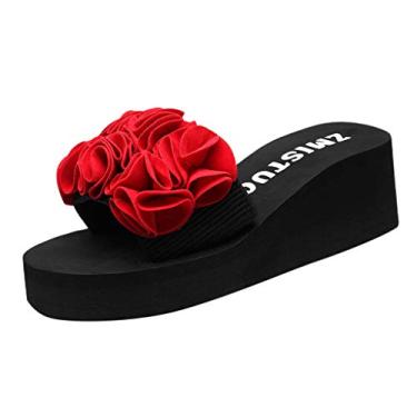Imagem de Chinelos casuais com clipe para dedo do pé moda verão anabela feminino flip antiderrapante conforto chinelos femininos tamanho 8, Vermelho, 7.5