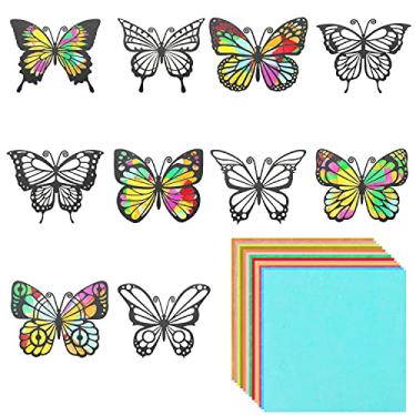 Imagem de MixTeach Kit de apanhador solar de borboleta, 10 tipos de papel com efeito de vitral dupla face 15 x 10 cm com 30 peças de papel colorido para decoração de arte de janela, sala de aula, artesanato