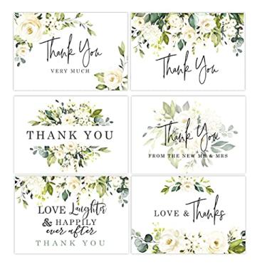 Imagem de Cartões de agradecimento de casamento de rosa branca, 60 artigos de papelaria para chá de noiva floral em massa para recém casados