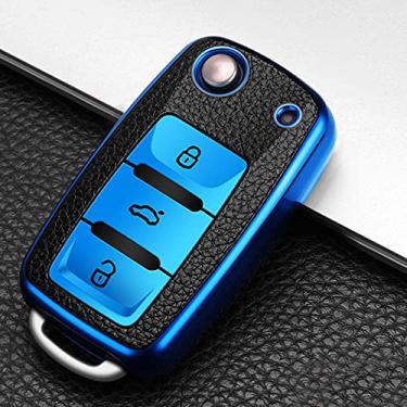 Imagem de YJADHU Capa de chave de carro masculina e feminina de couro TPU, apto para Volkswagen VW Bora Polo Tiguan Jetta Passat B5 B6 B7 Golf Beetle Skoda Octavia, azul