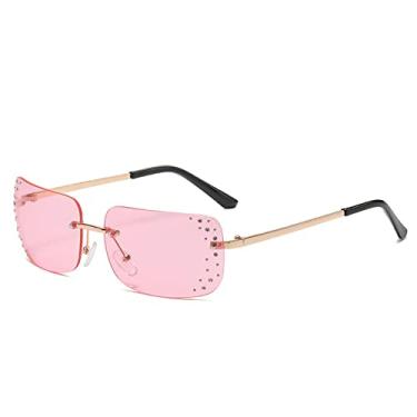 Imagem de Óculos de sol retangular sem aro feminino Óculos de sol sem armação de cristal para senhoras Guarda-sol Óculos UV400, C03 Ouro Rosa, Com uma bolsa