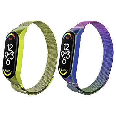 Imagem de Kit 2 Pulseira magnética de metal para Xiaomi Band 7 6 5 4 3, pulseira de substituição de aço inoxidável ajustável para smartwatch, adequada para mulheres, homens, esportes e trabalho. (Mi Band 7, Verde + sete cores)