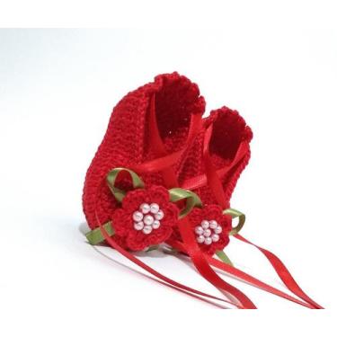 Imagem de A43 Sapatinho Sapatilha De Croche Para Bebe Feminina Vermelha Com Pero