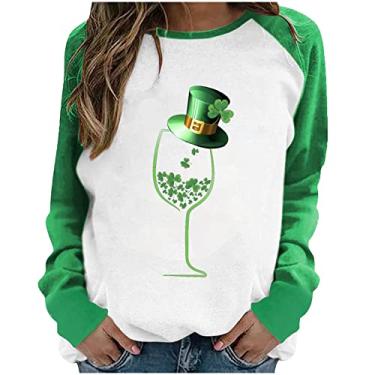 Imagem de Camisetas St Patrick para mulheres, taças de vinho, estampadas, camisa de trevo, roupas de cruzeiro plus size para mulheres 2024, Roupas femininas Green St Patty Day, GG