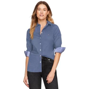 Imagem de Tommy Hilfiger Camisa feminina lisa com colarinho de botão e mangas ajustáveis, (Coleção 2024) Azul meia-noite., PP