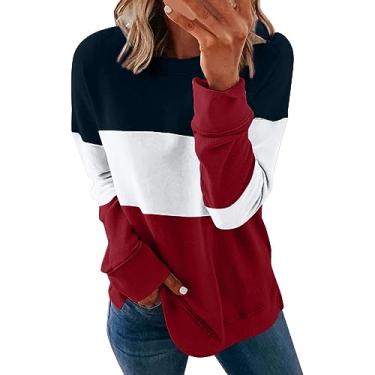 Imagem de Moletom leve para mulheres túnica oversized top patchwork pulôver de manga comprida Y2K Ajuste solto Casual Peso leve Camisa Uso Capuz macio Emenda de bloco de cores O39-Vermelho Large