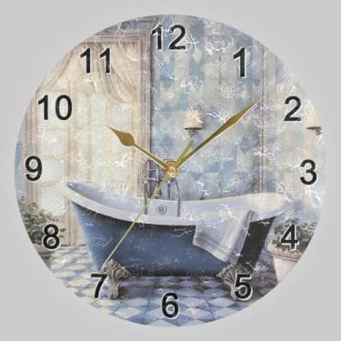 Imagem de CHIFIGNO Relógio redondo vintage azul para banheiro, banheira, relógio de parede, silencioso, analógico, bateria, relógio de parede, decorativo, sala de estar, relógios de parede