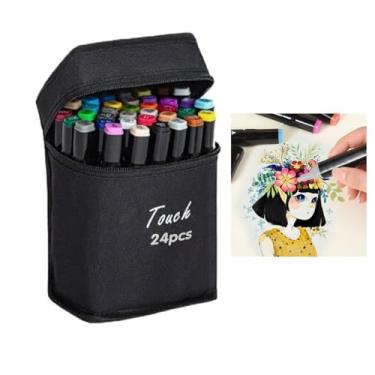 Imagem de Caneta Marcador Permanente 24 Cores Estojo Ponta Dupla Desenho Pintura Arte Trabalho Escola Estudante