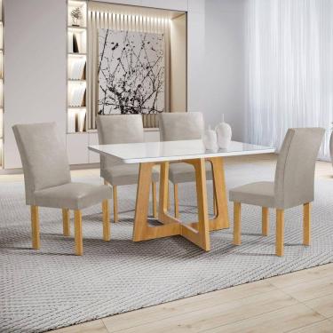 Imagem de Conjunto Mesa Arizona 120cm com 4 Cadeiras Canela Tampo Smart Plus com Vidro Cinamomo/Off White/Bege Claro
