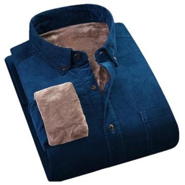 Imagem de Camisa masculina de lã grossa de algodão de veludo cotelê quente de inverno masculina com botões macios streetwear camisa masculina, Azul marinho, GG