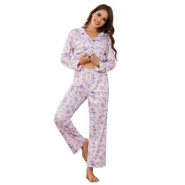 Imagem de LYCY Conjunto de pijama feminino com estampa floral, manga comprida com botões e pijama para mulheres, pijama macio de 2 peças, Roxo floral - rosa, G