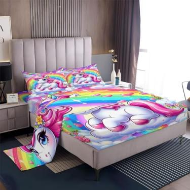 Imagem de Jogo de lençol solteiro com desenho de unicórnio e arco-íris, 4 peças, microfibra escovada, macio e respirável, lençol com elástico alto, fácil de cuidar