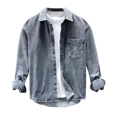 Imagem de Camisa jeans masculina, manga comprida, bolso frontal, bainha reta, gola aberta, cor lisa, Cinza, G