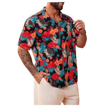Imagem de BEAUDRM Camisa masculina plus size estampa tropical meia manga abotoada verão lapela gola top, Multicor, 3G