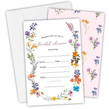 Imagem de 25 cartões de convite de chá de panela com envelopes - flores silvestres - círculos florais dupla face preencher estilo convites para recém-casados, casamento e chá de panela, lembrancinhas de festa e