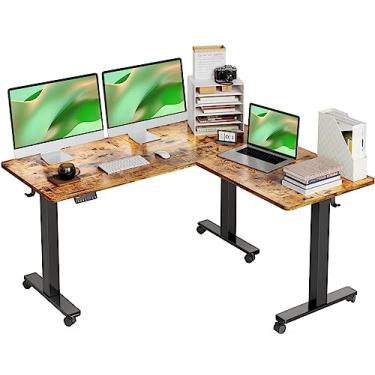 Imagem de Claiks Mesa de pé em forma de L com motor triplo, mesa de suporte de canto de 160 x 140 cm, mesa de altura ajustável com placa de emenda, moldura preta/parte superior marrom rústica