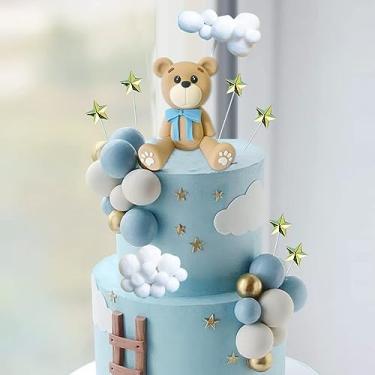 Imagem de HAVAGDTM Bear Cake Toppers Bear Balls Cake Decorations with Stars Clouds - 33 Pieces - Azul, Branco - Aniversário, Chá de bebê