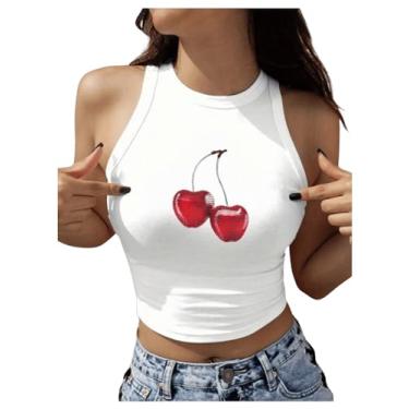 Imagem de BEAUDRM Camiseta regata feminina com estampa de cereja Y2K gola redonda sem mangas casual de verão, Branco A, M