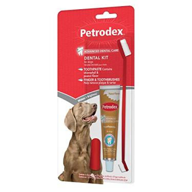 Imagem de Petrodex Kit de cuidados dentários para cães e filhotes, limpa os dentes e combate o mau hálito, reduz a formação de placa bacteriana e tártaro, kit de escovação de dentes enzimática, sabor de