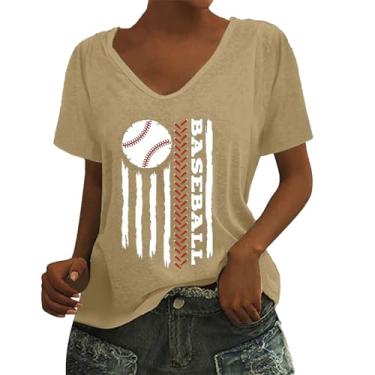 Imagem de Camiseta de beisebol feminina com estampa de beisebol, gola V, caimento solto, manga curta, camiseta de treino de verão, Caqui, G