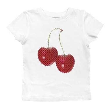 Imagem de Camisetas femininas Y2K Baby de manga curta E-Girls com estampa gráfica fofa retrô vintage estética, Branco cereja, G