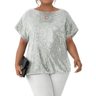 Imagem de WDIRARA Camiseta feminina plus size com lantejoulas brilhantes Dolman de manga curta para festa, Prata, GG Plus Size