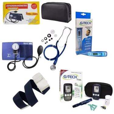 Imagem de Kit Enfermagem + Aparelho Medidor Glicose FREE Completo Premium (AZUL)