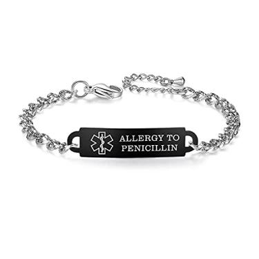 Imagem de AOAMID Pulseira de alerta médico de aço inoxidável para mulheres, ajustável, personalizada, com gravação gratuita, pulseiras de identificação médica de 16 a 20 cm, Metal, Sem pedras preciosas