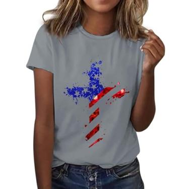 Imagem de Camiseta feminina com bandeira americana Star Stripes 2024, 4 de julho, patriótica, manga curta, verão, casual, tops, Cinza, G