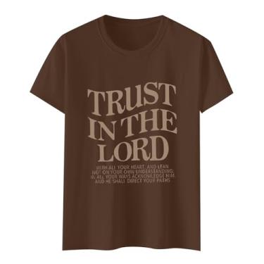 Imagem de Camiseta feminina Trust in The Lord com estampa de letras, gola redonda, manga curta, casual, folgada, básica, versátil, Marrom, GG