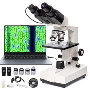 Imagem de SELFIE CAT Microscópio composto binocular, ampliação de 40 x 1000 x, oculares eletrônicos USB 2.0 incorporados com 2 milhões de pixels, microscópio composto profissional com campo amplo, microscópio