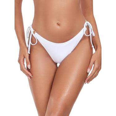Imagem de RELLECIGA Calcinha de biquíni feminina de cintura baixa com laço lateral, Branco, M