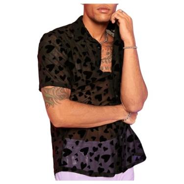 Imagem de GORGLITTER Camiseta masculina de malha transparente com botões e estampa de coração manga curta, Preto, P