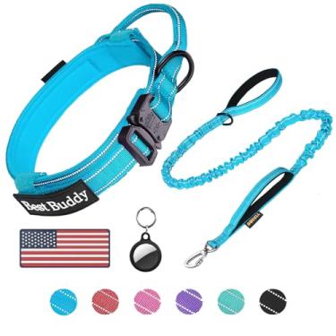 Imagem de AUBELL Conjunto de coleira e coleira tática para cães, coleira refletiva de nylon militar ajustável com alça e fivela de metal pesado para cães médios e grandes, com suporte de airtag e 2 adesivos