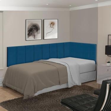 Imagem de Kit cabeceira Solteiro em L Cabeceira Painel Cama Box Almofadada Estofada Suede (Azul)