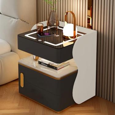 Imagem de Mesa de cabeceira com estação de carregamento USB e sem fio: mesa de cabeceira inteligente para mesa de sofá com cofre, três LEDs ajustáveis, móveis modernos de quarto com gavetas para sala de estar