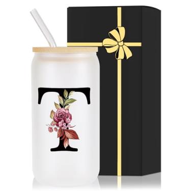 Imagem de Copo de vidro com monograma com tampa canudo mulheres homens presente coro cristão professora madrinha padrinho religioso espiritual católico batismo ordenação pastor esposa ministro ordenado, T