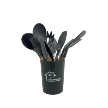 Imagem de Kit 12 Utensílios De Cozinha Em Silicone E Cabo De Madeira Resistente 
