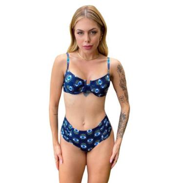 Imagem de Biquini Meia Taça Retrô Cortininha Calcinha Bombom Luxo Mar - Califórn