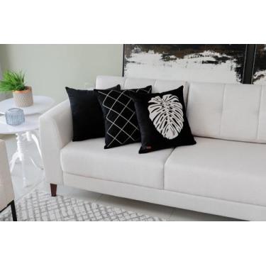 Imagem de Conjunto 3 Almofadas 50x50 Veludo Estampa Folha Preta E Branca - Moret