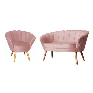 Imagem de Kit Namoradeira + 1 Poltrona Decorativa Pétala Veludo Rosa Pés Madeira
